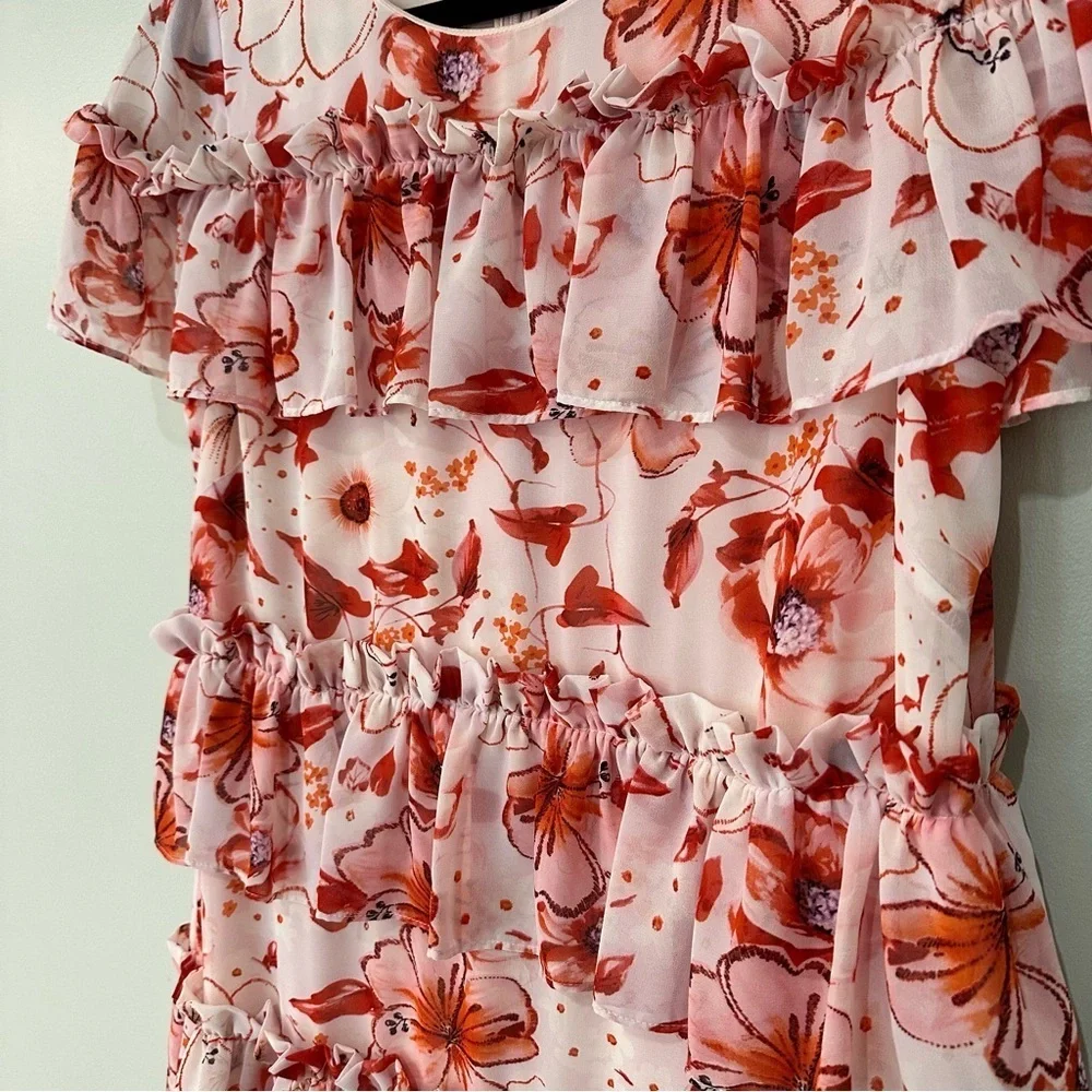 Badgley Mischka Tiered Ruffle Floral Dress Pink Mini Size 10 RTR Designer - Picture 8 of 14